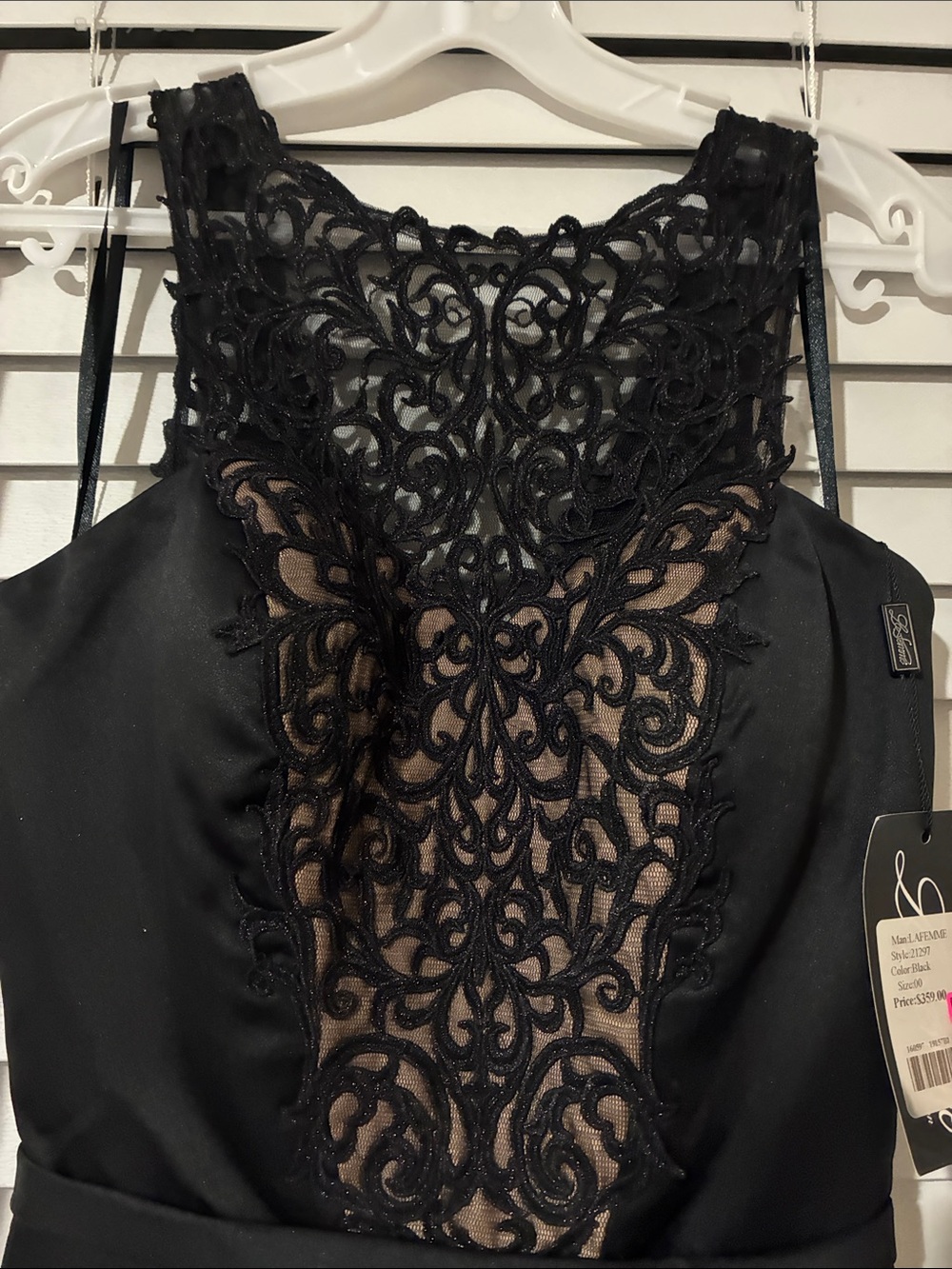 La Femme Black Lace-Inset Satin Mini Dress - Picture 4 of 8